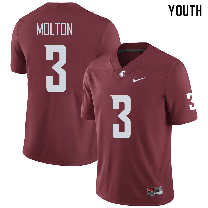 Youth #3 Darrien Molton Washington State Cougars College Football Jerseys Sale-Crimson - Click Image to Close